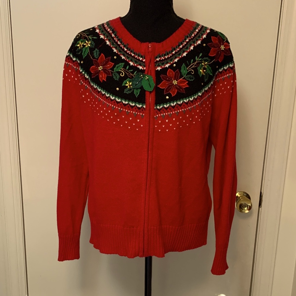 Carly St. Claire Elegant Beaded Poinsettia, Christmas Cardigan Size L
